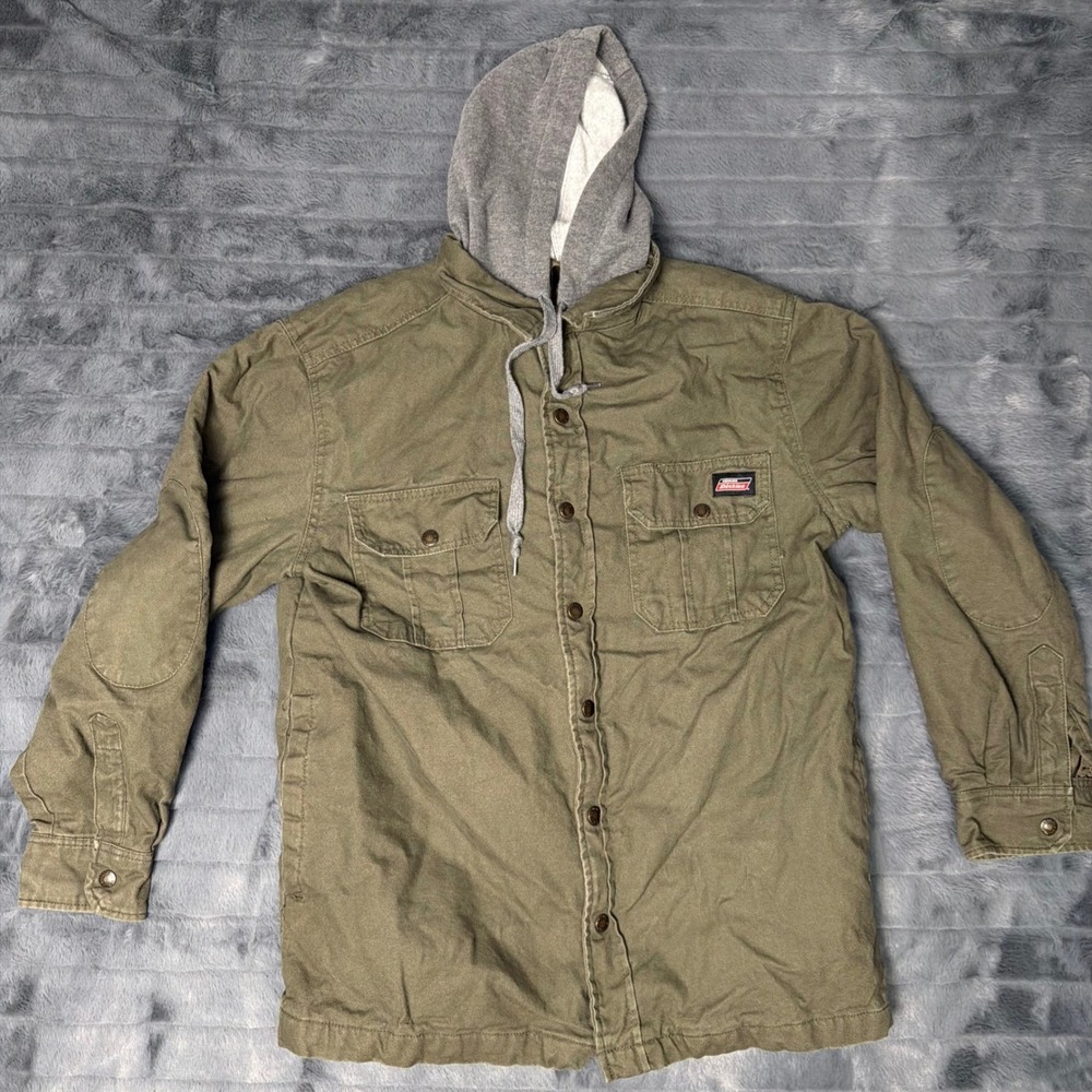Genuine Dickies Mens Olive Green Hooded Canvas Shirt Jacket Quilted Lined Medium